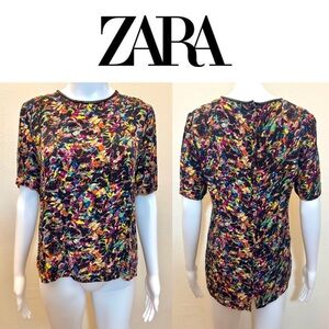 Zara Woman Multicolor Abstract Blouse with Back Buttons – Size Small
